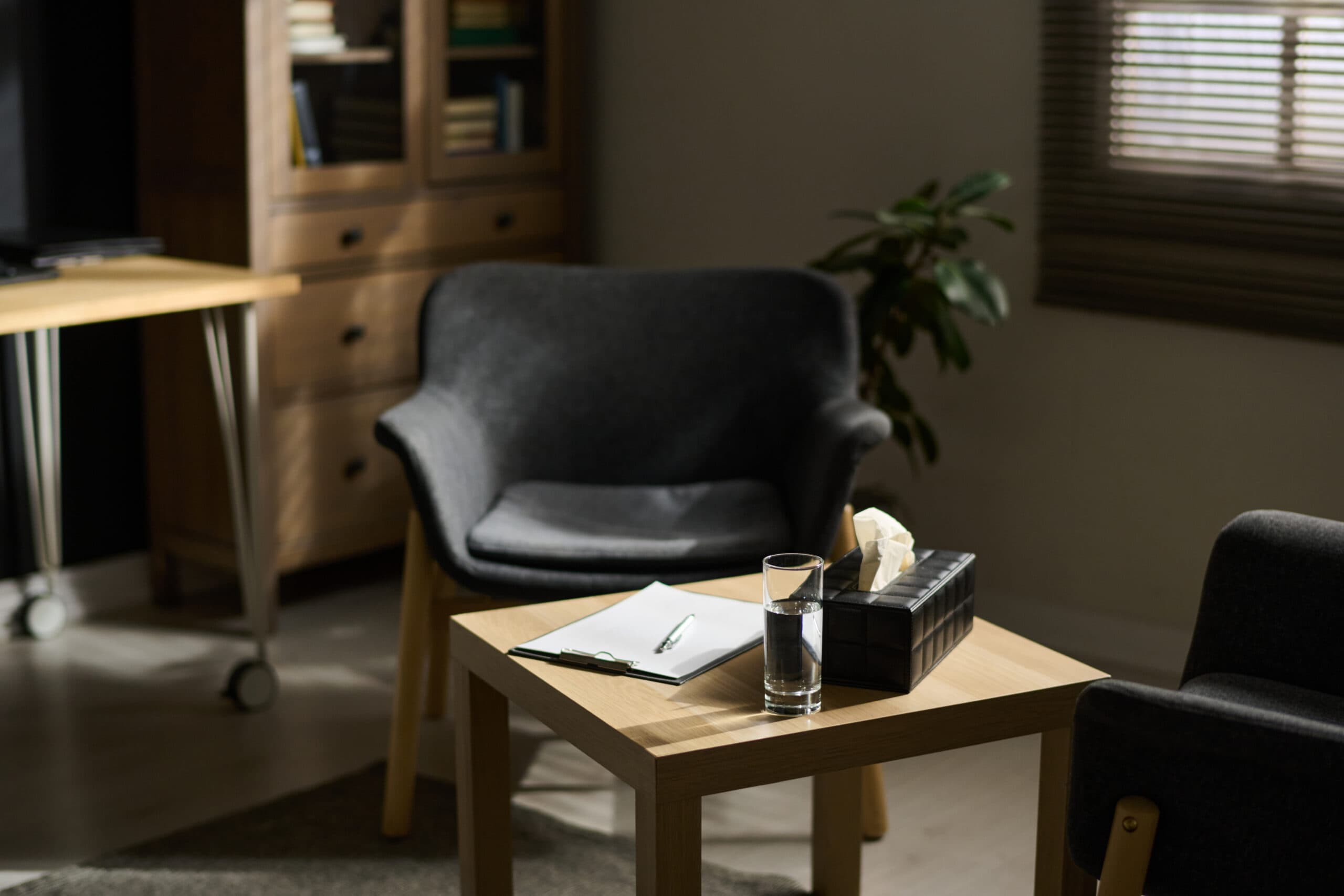 A therapy room prepared for a private conversation